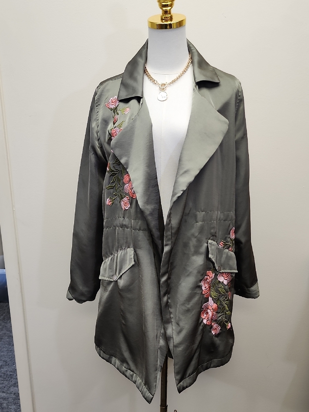Blue Rain Olive Satin Embroidered Jacket Floral Duster Coat Size Medium